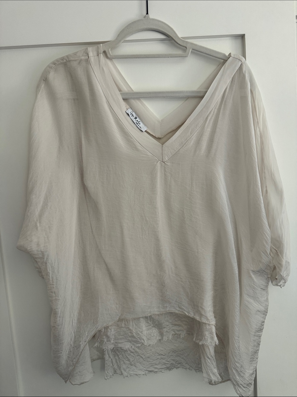 Light Cream V-Neck Relaxed Silk Blouse by Gigi Moda